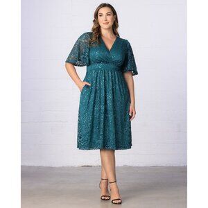 Kiyonna Starry Sequin Lace V-Neck Dress Teal Topaz Blue Plus Size 2X MSRP $188